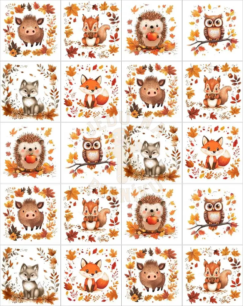 Fondánový list 20 čtverečků 51x51 mm - Podzimní lesní zvířátka