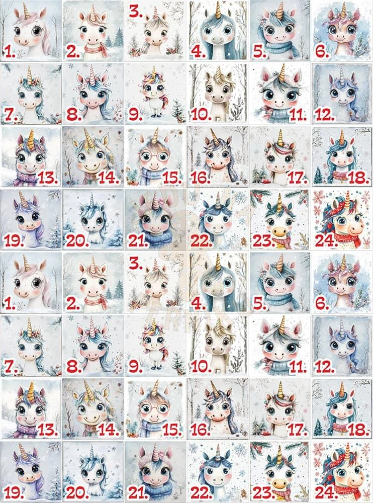 Fondánový list 48 čtverečků 3x3 cm - Dva adventní kalendáře jednorožci
