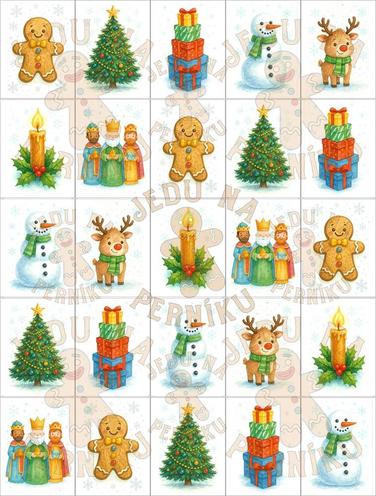 Fondánový list 25 obdélníků 50x38 mm - Akvarelové Vánoce