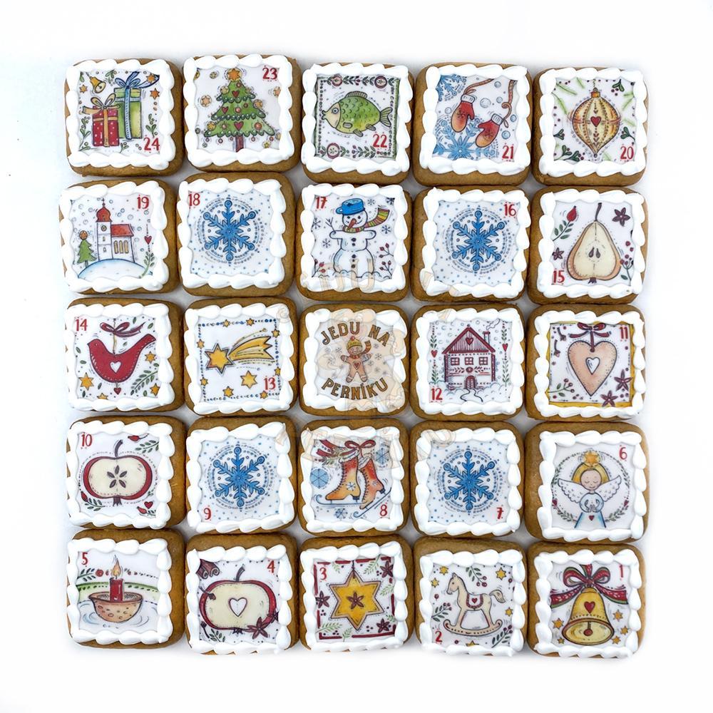Fondánový list 48 čtverečků 3x3 cm - Dva adventní kalendáře malované