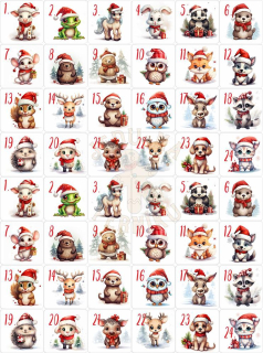 Fondánový list 48 čtverečků 3x3 cm - Dva adventní kalendáře roztomilá zvířátka