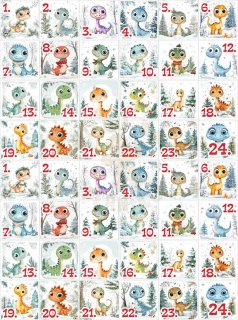 Fondánový list 48 čtverečků 3x3 cm - Dva adventní kalendáře dinosauři