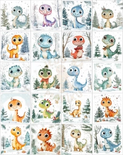 Fondánový list 20 čtverečků 51x51 mm - Zimní dinosauři