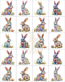 Fondánový list 20 čtverečků 51x51 mm - Barevní zajíčci