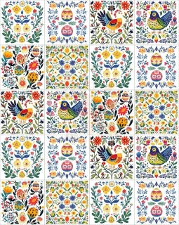 Fondánový list 20 čtverečků 51x51 mm - Barevné jarní otisky a folklórní ornamenty