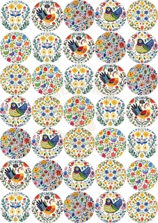 Fondánový list 35 kruhů 3,8 cm - Barevné jarní otisky a folklórní ornamenty