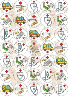 Fondánový list 35 kruhů 3,8 cm - Lékařské pastelkové motivy